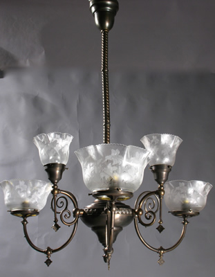 3 & 3 Gas & Electric Chandelier with Deep Acid Cutback Shades